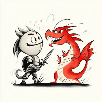 Cartoon Knight Faces Cartoon Dragon in Playful Scene