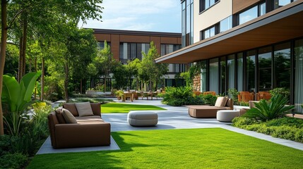 Modern Outdoor Lounge Area with Greenery and Comfort