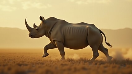 Obraz premium A dynamic image of a rhinoceros in motion, capturing its strength and power as it moves through the wild, emphasizing its natural grace despite its size.