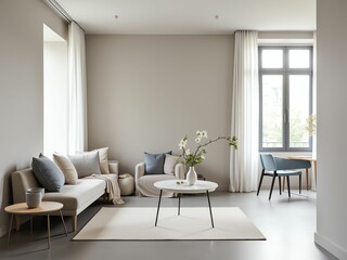 Fototapeta premium Serene Minimalist Living Room Embracing Neutral Tones and Simple Elegance for Modern Comfort