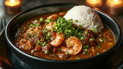 A bowl of spicy seafood gumbo filled with shrimp, crab, andouille sausage