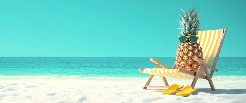 Pineapple on Beach Chair with Sunglasses Summer Vacation Scene