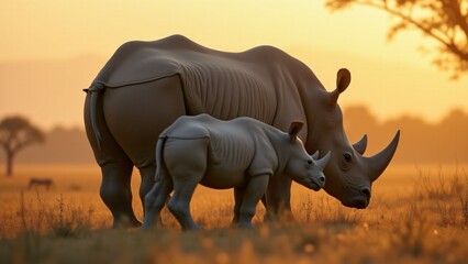 Fototapeta premium A heartwarming scene of a rhinoceros mother and calf, capturing the protective bond and gentle nature between them in the wild.