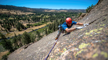 Climber scaling rocky mountain with beautiful landscape view