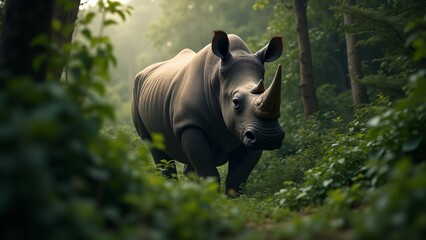 Fototapeta premium A unique image of a rhinoceros in the jungle, showing its adaptation to a different environment while maintaining its imposing presence in the wild.