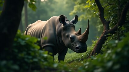 A unique image of a rhinoceros in the jungle, showing its adaptation to a different environment while maintaining its imposing presence in the wild.