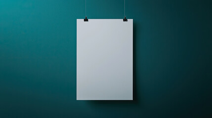 Blank poster on teal wall, perfect for showcasing designs or art