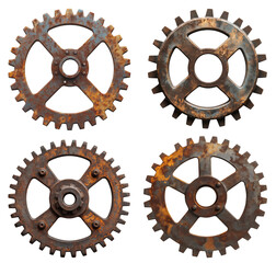 Rusty metal gear with patina on white background