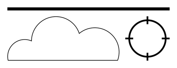 Cloud shape with target symbol and horizontal line. Ideal for data storage, security, networking, precision, connectivity, cloud services, digital strategy. Line metaphor
