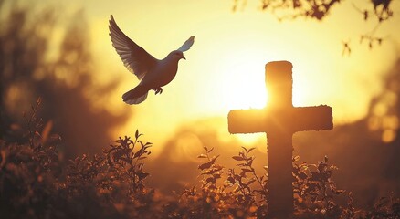 Dove Silhouette Flying Over Cross at Sunset Concept of Peace Resurrection Faith Christianity Easter Christmas