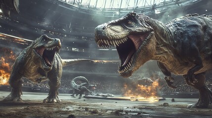 Two dinosaurs battle in a large stadium.