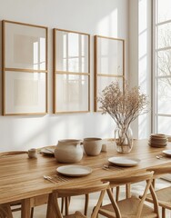 Minimalist Dining Room with Light Wood Furniture and Large Art
