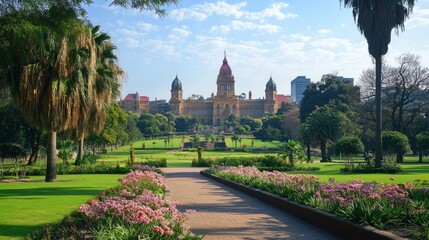 Fototapeta premium Majestic building in a lush park, sunny day, path leads to the building.