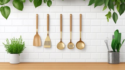 Wooden and gold kitchen utensils hanging on a white brick wall.