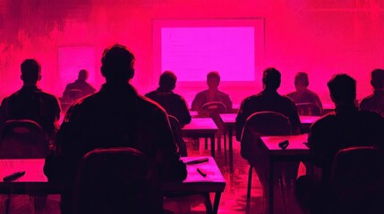 Obraz premium A group of individuals attentively listening to a presentation in a dimly lit classroom filled with a dramatic pink hue, creating an intriguing atmosphere of focus and engagement
