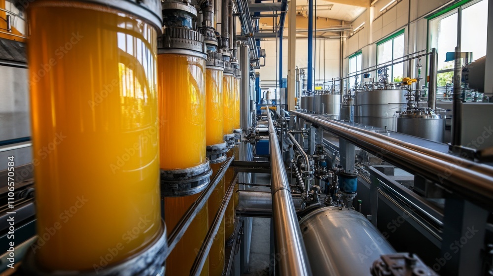Aufkleber A juice production facility is bustling with activity as bright orange juice flows through transparent containers. The scene features sophisticated equipment and a clean, efficient environment.
