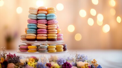A colorful array of macarons in assorted flavors, delicately arranged on a tiered stand, Macarons centered