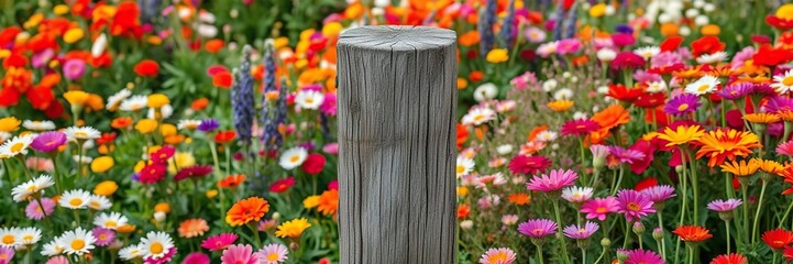 Fototapeta premium Close-up of wooden fence post amidst a vibrant patchwork of colorful flowers, fence post, flower details, wooden post
