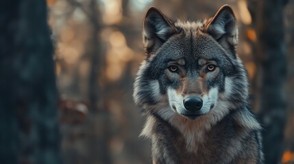 Fototapeta premium A wolf with piercing amber eyes stares directly at the camera with a blurred forest background.