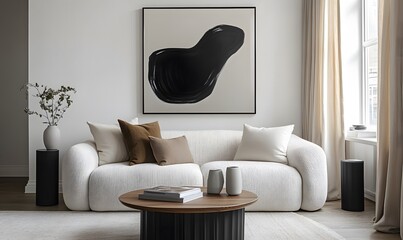  Minimalist, japandi style interior design of modern living room. Cute cozy boucle sofa near ellipse coffee table. 