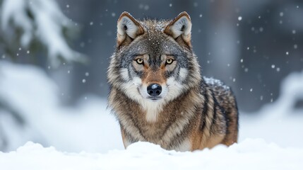 Obraz premium A wolf stands in the snow with a serious expression, looking directly at the camera.
