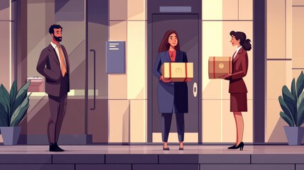 Professional Delivery Scene Depicting Two Businesswomen Exchanging Packages Outside an Office Building with a Businessman Standing Nearby