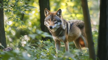 A wolf looks intently at the camera, standing in a misty forest.