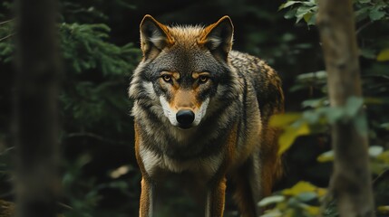Naklejka premium A wolf stands alert and stares intently at the camera in a forest.