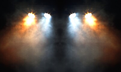 Powerful Stage Lights Illuminating Dark Background with Dramatic Light Beams and Lens Flares