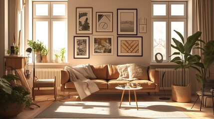 Sunlit Living Room With Tan Sofa And Gallery Wall