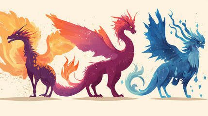 Fototapeta premium Mythic monsters: fun, colorful takes on classic mythological creatures like dragons, unicorns, and phoenixes. Mythic. Illustration