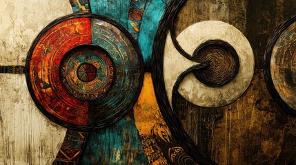 A vibrant abstract art piece featuring circular shapes in red, blue, and gold, intertwined with textured patterns and a rustic background.