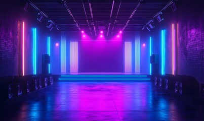 A 3D rendering of a vibrant synthwave club with neon purple and blue lights