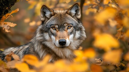 Obraz premium A wolf with piercing amber eyes stares directly at the camera with a blurred forest background.