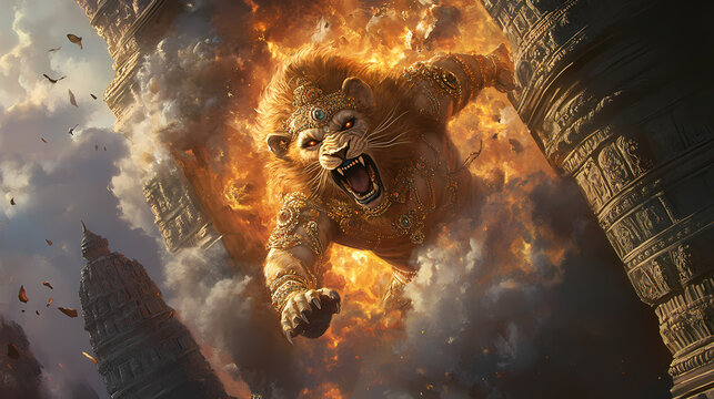 Narasimha, vishnu s halflion avatar, depicted midroar, bursting out of a stone pillar, narasimha avatar, divine rage, mythological scene. Mythic. Illustration