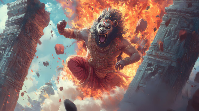 Narasimha, vishnu s halflion avatar, depicted midroar, bursting out of a stone pillar, narasimha avatar, divine rage, mythological scene. Mythic. Illustration