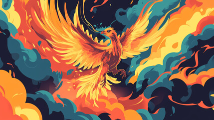 Phoenix bird in flames rising from ashes, mythological symbol of. Mythic. Illustration