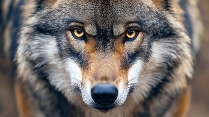 Obraz premium A close-up portrait of a wolf looking directly at the camera.