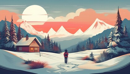 Snowy mountain landscape with hiker and cabin. Serene winter scene.