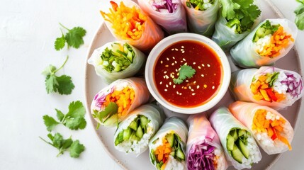 A colorful array of vegetable spring rolls served with sweet chili dipping sauce, Spring roll platter centered, Soft pastel lighting accentuating the freshness
