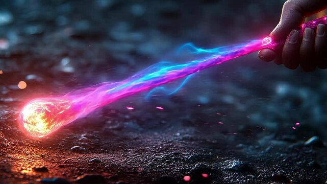 Hand holds a glowing staff with a ball of fire at its end, generative ai