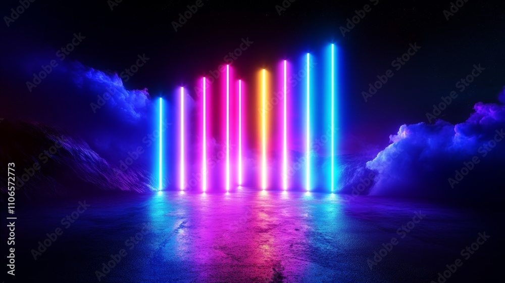Poster futuristic neon light installation with vertical tubes in triangle formation abstract background