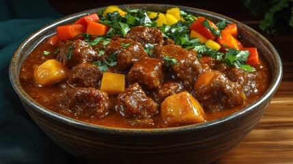 Rich Beef Stew with Vegetables, Slow Cooked Dinner, Hearty Home-Cooked Meal, Beef Chunks, Potatoes, Carrots, Peppers, Leafy Garnish in Rustic Bowl
