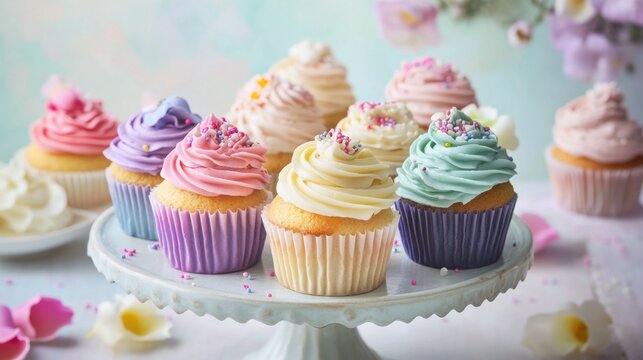 A colorful assortment of handcrafted cupcakes topped with swirls of buttercream frosting and sprinkles, arranged on a vintage cake stand, Cupcake display centered