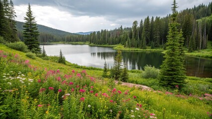 Serene lake surrounded by lush greenery and vibrant wildflowers in a peaceful forest environment, nature, forest, trees, wildflowers, scenery