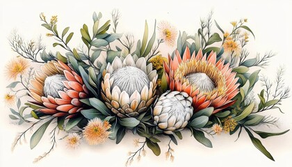 Obraz premium Protea Flower Illustration for Weddings, Mother's Day and Birthdays Minimalist Style Botanical Art