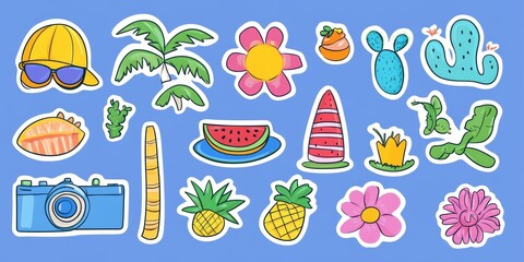 Colorful Summer Sticker Set with Icons of Beach Palm Tree Sunglasses Watermelon Slice Camera Surfboard and More