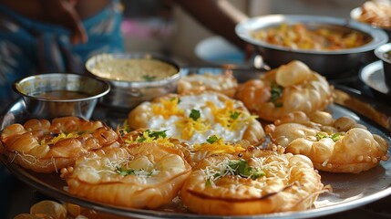 Yummily scrumptious tray of yogurt-tamarind-filled dahi puri, Generative AI.