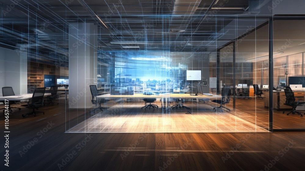 Aufkleber modern office space designed with ai technology in mind, featuring open floor plans, collaborative a
