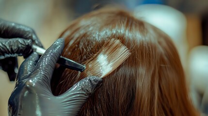 Fototapeta premium A stylist is applying hair dye to a woman's hair.